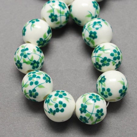 2 sizes, 10mm 12mm handmade flower floral printed porcelain ceramic beads, round, green & white, drilled (hole approximately 3mm)