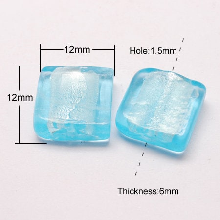 5 handmade square lampwork pale blue beads with silver foil, drilled, approximately 12x12x6mm