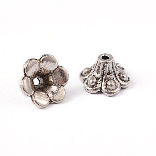 Tibetan style antique silver tone bead caps, flower / tulip style, 10mm x 6mm, hole: 2mm