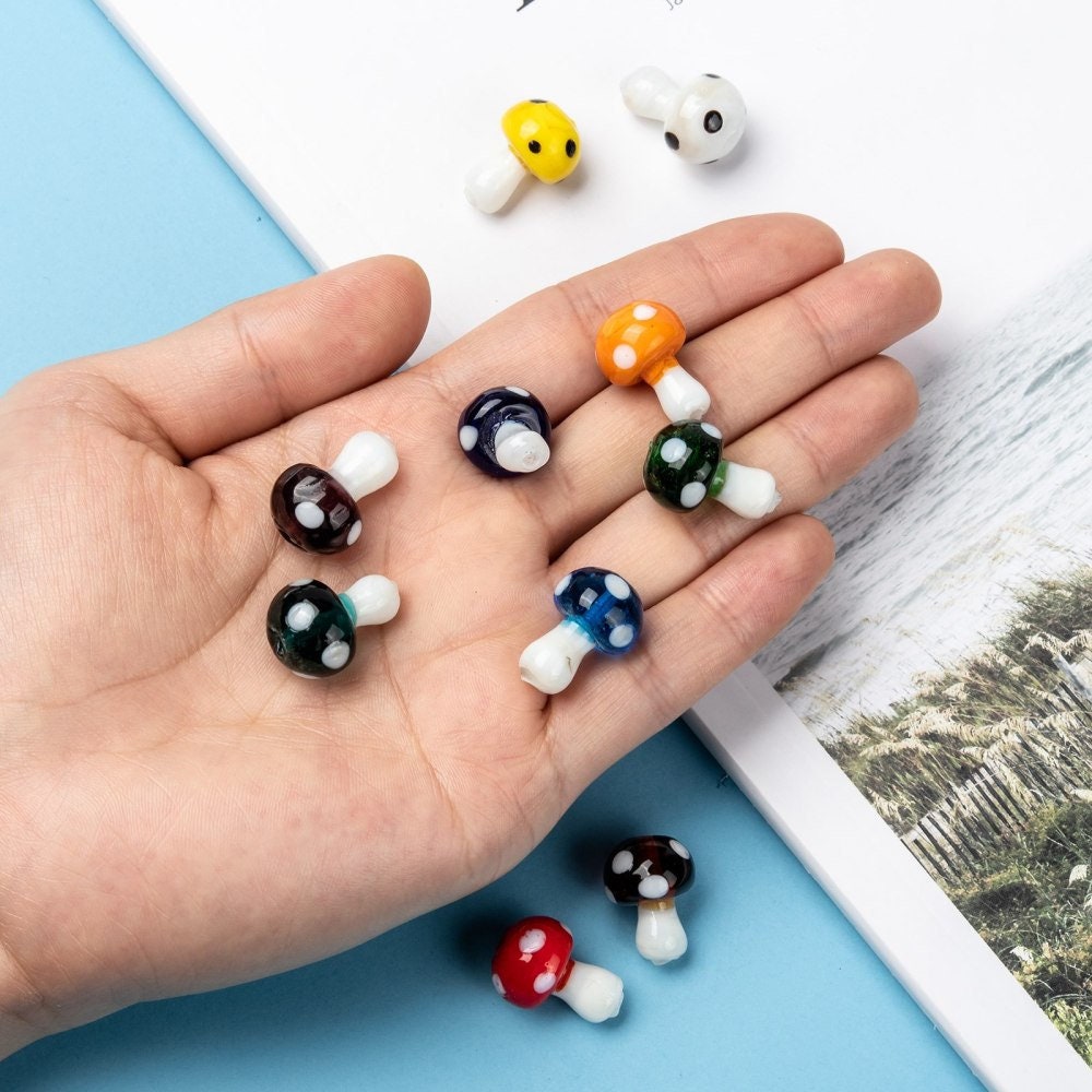 10 x handmade lampwork glass mushroom toadstool shaped  beads, mixed colours, drilled, approximately 19x14.5mm, approximate hole: 2mm