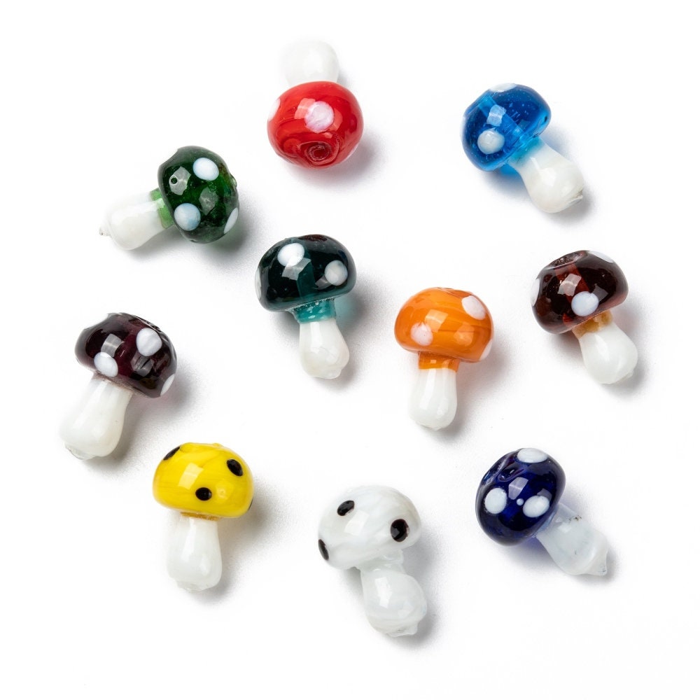 10 x handmade lampwork glass mushroom toadstool shaped  beads, mixed colours, drilled, approximately 19x14.5mm, approximate hole: 2mm