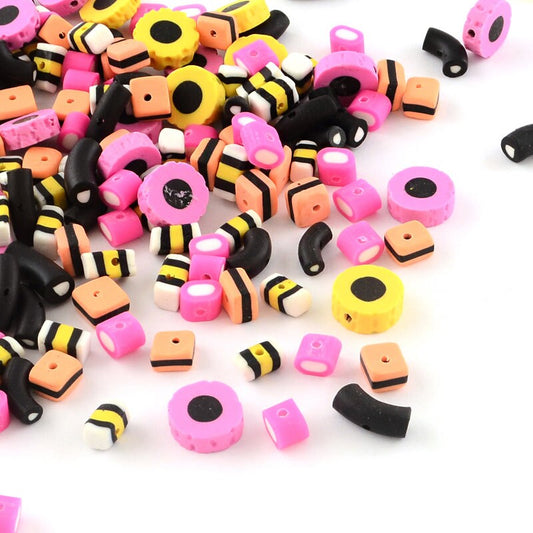 Liquorice allsort polymer clay beads, cute drilled sweets, candy, pink, yellow, orange, black, white, size approx 7-14x7-12x4-6mm, hole: 1mm