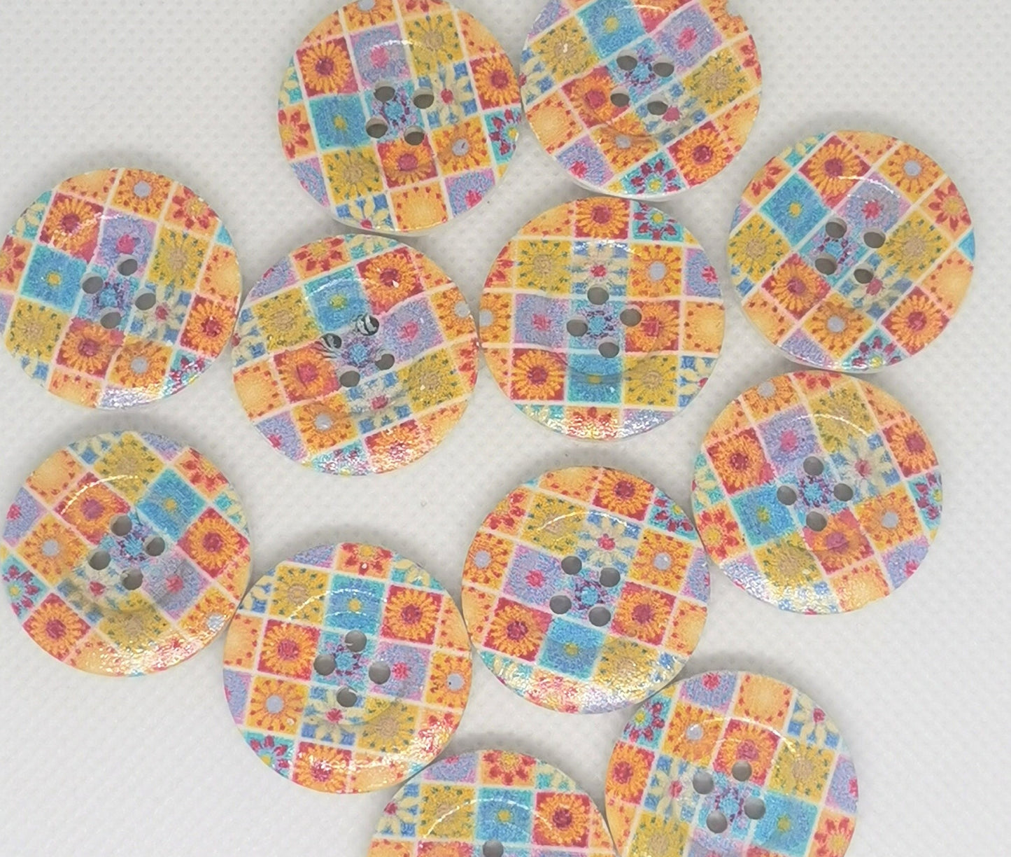 8 x 25mm round wooden buttons, green yellow red blue floral flower daisy square patchwork pattern, 4 hole, 5mm thick