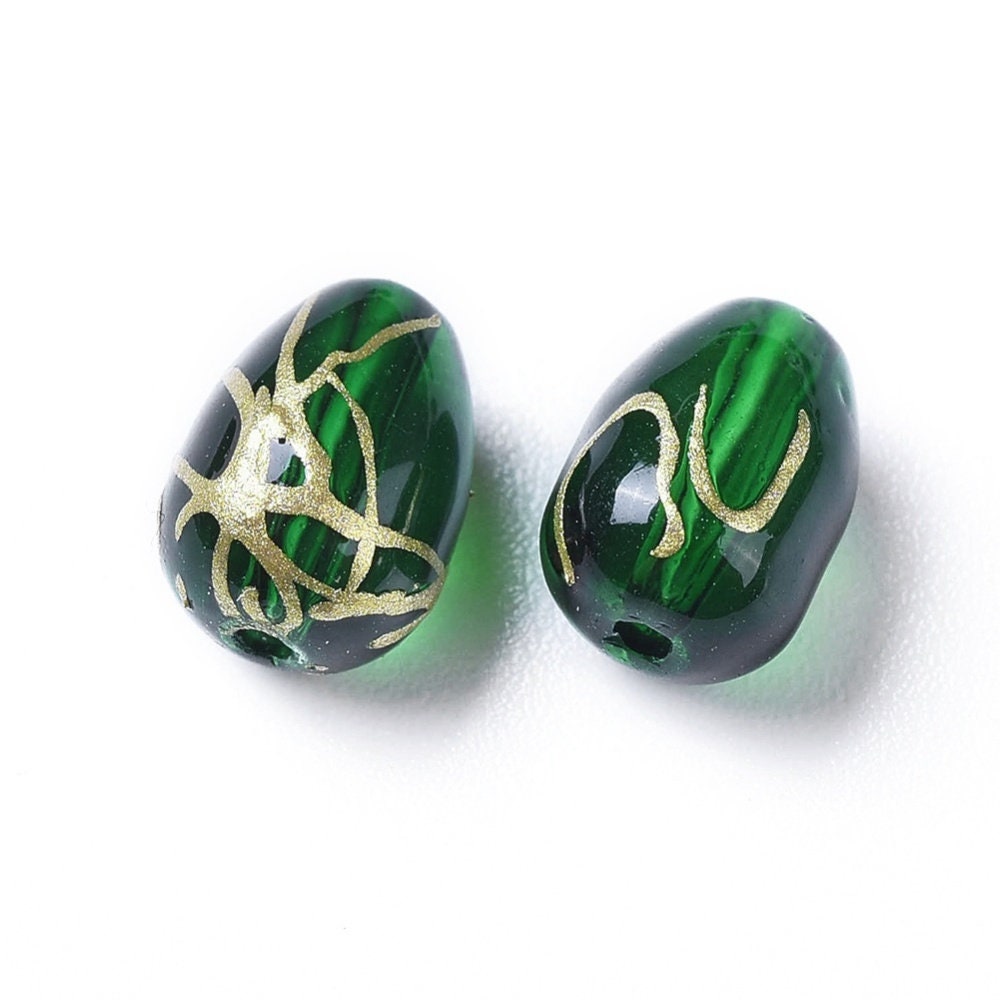 25 red or green transparent glass beads, gold thread decoration, irregular teardrop shape, approx. 9 x 6.5mm, approximate hole 1.2mm