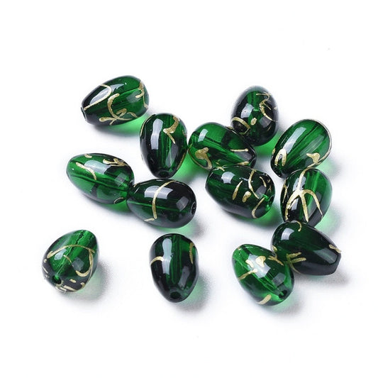 25 red or green transparent glass beads, gold thread decoration, irregular teardrop shape, approx. 9 x 6.5mm, approximate hole 1.2mm