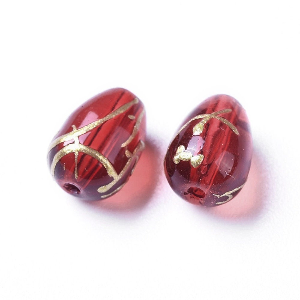 25 red or green transparent glass beads, gold thread decoration, irregular teardrop shape, approx. 9 x 6.5mm, approximate hole 1.2mm