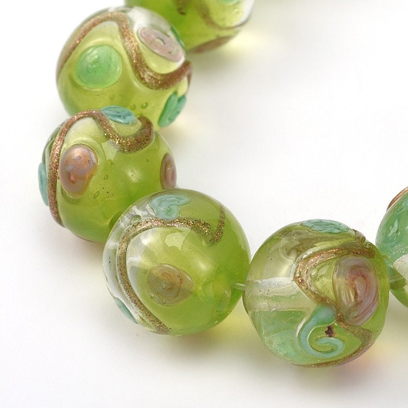 2 round handmade glass textured lampwork beads, turquoise & green, purple floral, gold sand swirl, drilled, approx 12mm, approx hole 2mm