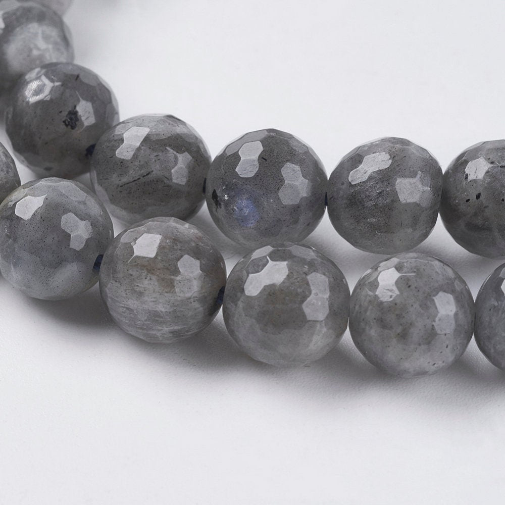 1 x strand (approx 90 beads) natural grey labradorite beads, faceted, round, drilled, approx 4mm diameter, hole - 1mm
