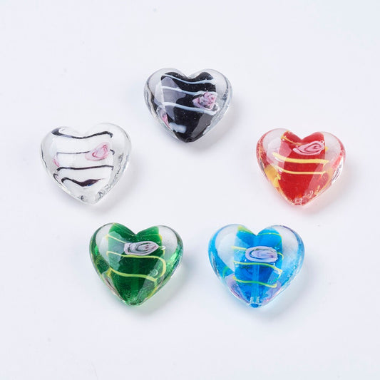 5 x large handmade glass lampwork heart beads with inner flower, striped, mixed colours, approximately 35mm long, 35mm wide, hole:2mm