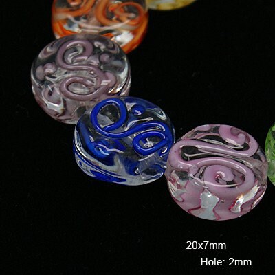 10 handmade round clear flat glass lampwork beads, delicate swirly pattern, pink, pale blue, dark blue, green, orange, 12mm x 6mm, hole 1mm