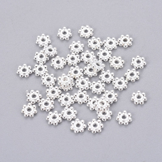 Silver tone alloy daisy flower spacer beads, 4.5mm x 1.5mm, hole: 1mm