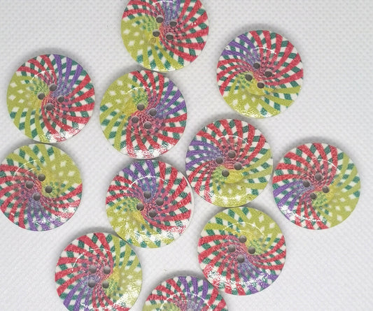 8 x 25mm round wooden buttons, green red purple kaleidoscope pattern, 4 hole, 5mm thick