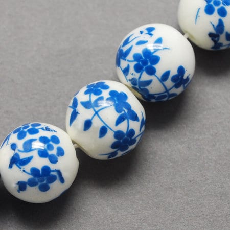 20 x handmade flower floral printed 8mm porcelain ceramic beads, round, blue & white, drilled (hole approximately 2mm)