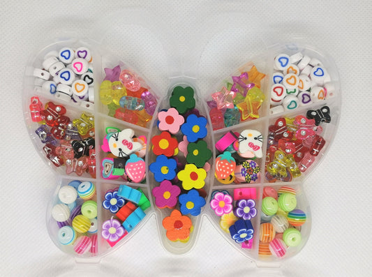 Bead kit / set, butterfly shaped box, 200 various beads, acrylic, resin, clay, wood, children's gift, crystal elastic string available
