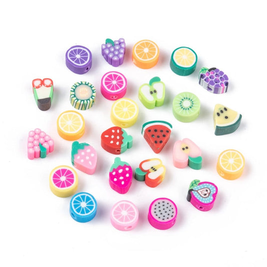 Polymer clay beads, fruits, drilled with hole, sized approximately 7 - 12 mm x 8 - 10 mm x 4mm
