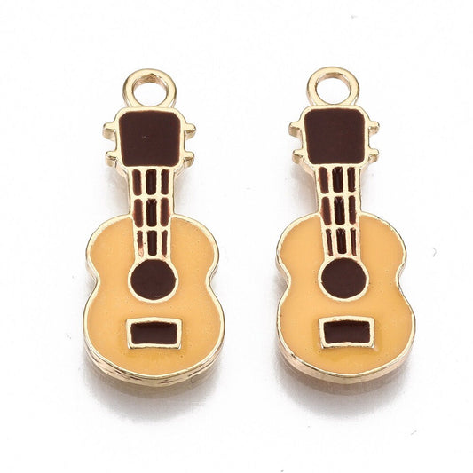 5 x small guitar shaped metal and enamel pendants, yellow brown & gold tone, 23mm x 9mm x 2mm, hole at top 2mm