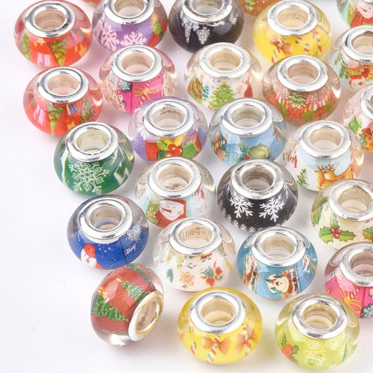 Christmas resin rondelle beads, large hole, silver colour plated brass core, mixed designs, approx 14mm x 9mm, hole approx 5mm