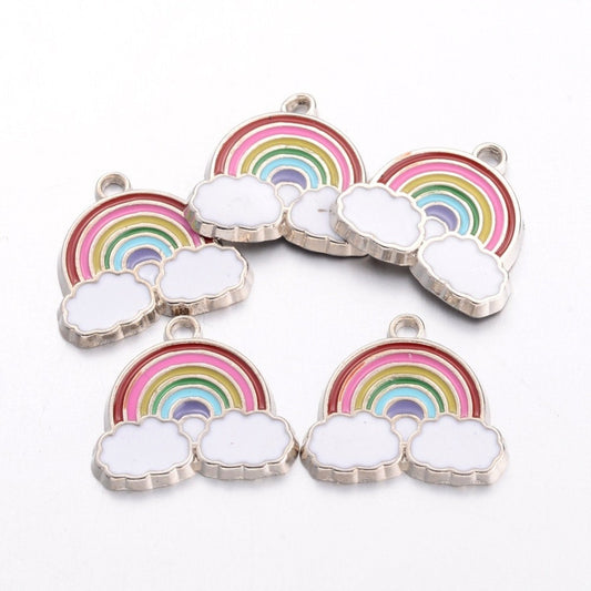 SALE! 5 x small rainbow & cloud shaped metal and enamel pendants, colourful, 17.5mm x 19mm x 1.6mm, hole at top 2mm