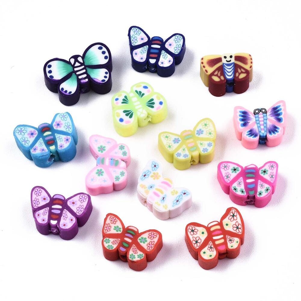 Small butterfly clay polymer beads, sized approximately 8 - 10 mm x 10 - 12mm x 4 - 5 mm, hole approximately 2mm