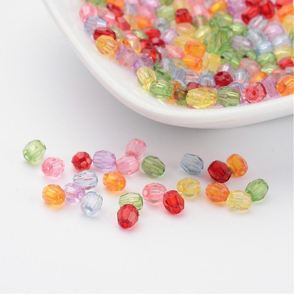 100 transparent acrylic faceted beads, drilled, mixed colours, approximately 4mm, hole approximately 1mm