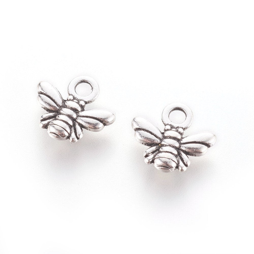 Tiny bee charms, Tibetan style metal alloy, antique silver tone, 10mm x 11mm x 2mm, hole approximately 2mm