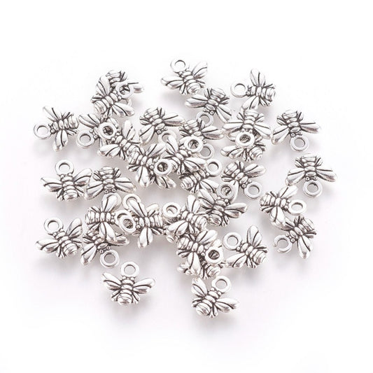 Tiny bee charms, Tibetan style metal alloy, antique silver tone, 10mm x 11mm x 2mm, hole approximately 2mm