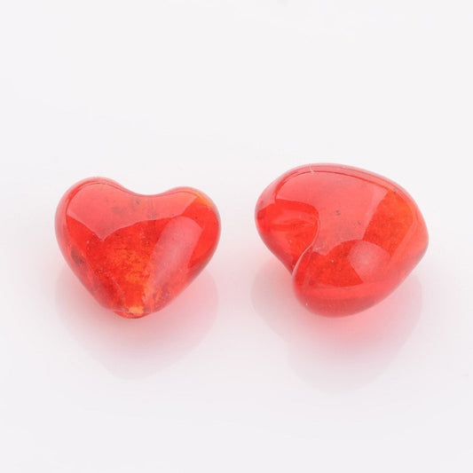 Handmade glass heart beads, red with gold foil, 12mm x 12mm x 8mm, hole approximately 2mm