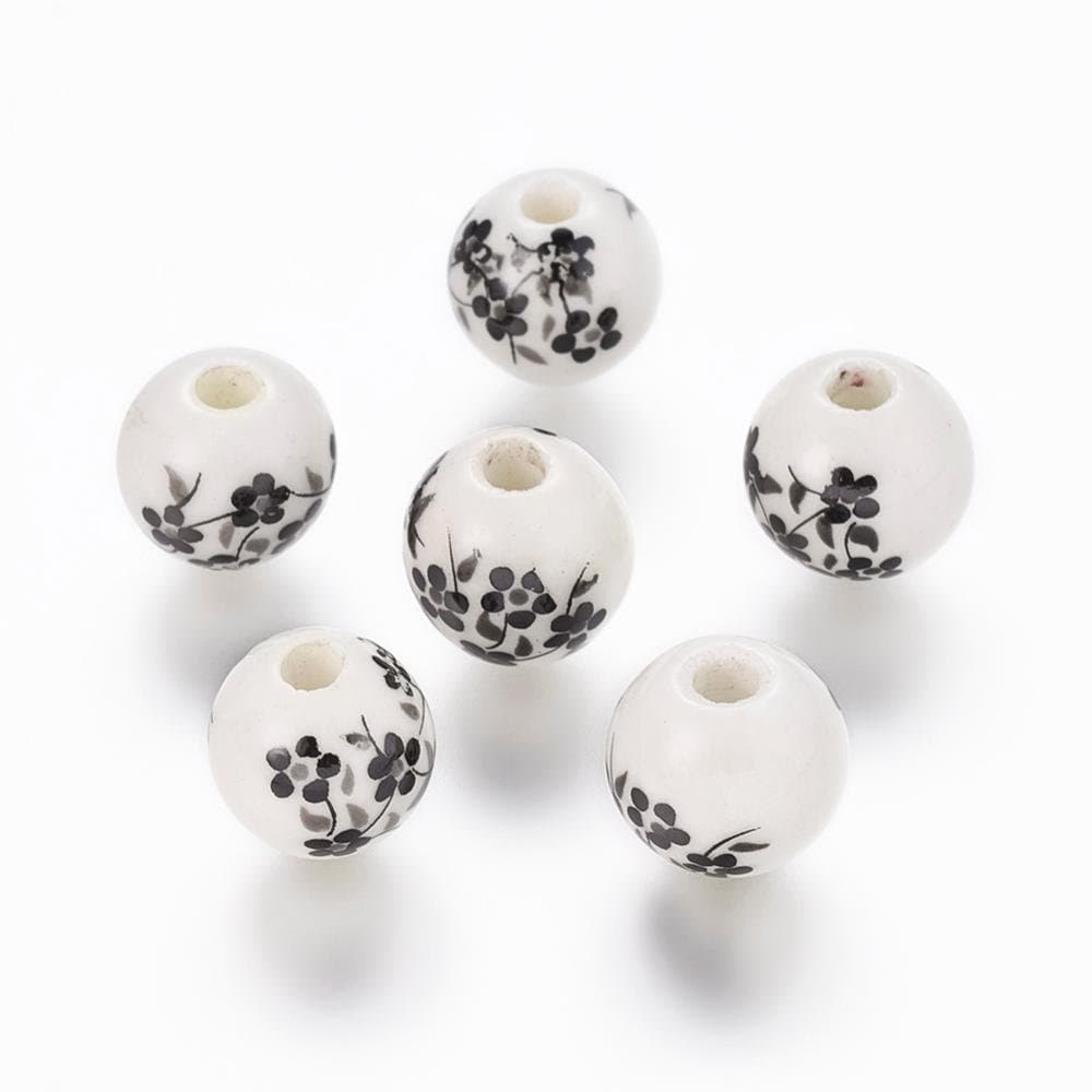 20 x handmade flower floral printed 8mm porcelain ceramic beads, round, black & white, drilled (hole approximately 2mm)
