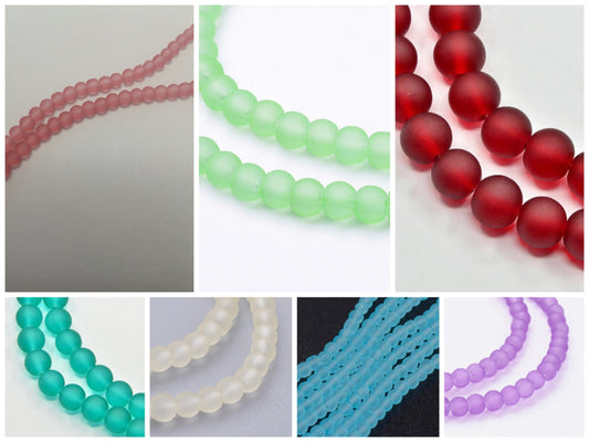 7 colours - 200 beads - 1 x 30" strand (approximately 200 beads) small 4mm transparent frosted round glass beads, drilled