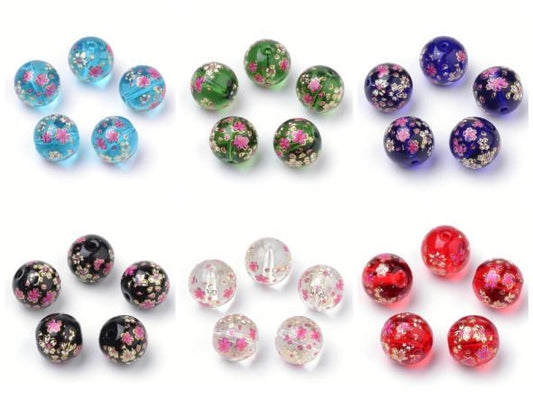 6 colours available, 5 glass beads with delicate pink, white & gold floral pattern, round, drilled, approximately 11mm, hole 1.5mm