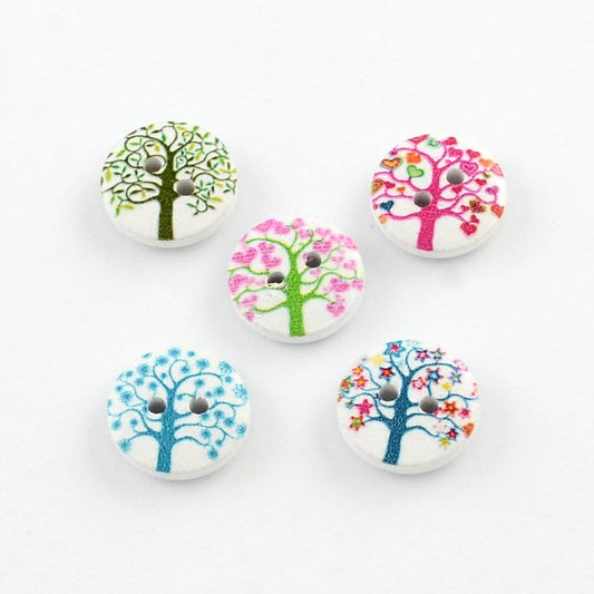White wooden buttons, flat, mixed colours with tree pattern, 15mm x 4mm, holes approx. 2mm