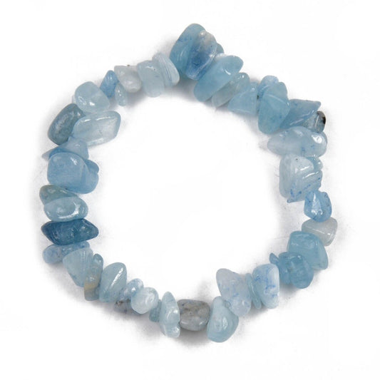 Aquamarine chip bracelet, natural undyed stone, pale blue, elastic stretch, one size