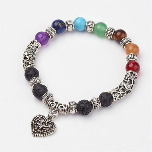Mixed gemstone stretch bracelet, one size, pierced silver tone detail, polished coloured gemstone, heart dangle pendant