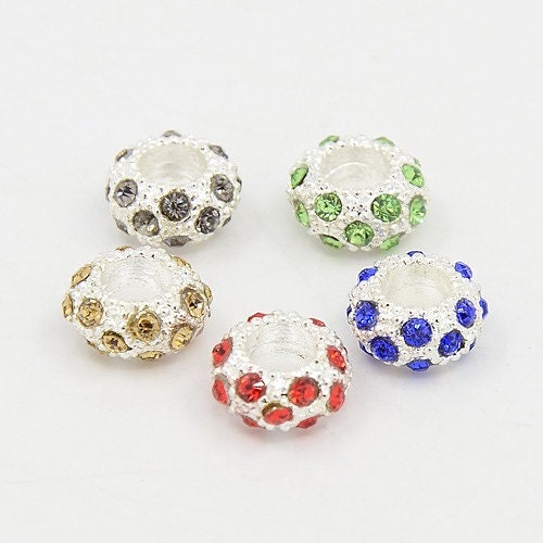 5 x small European style rhinestone rondelles, colourful, sparkly, approx. 11mm x 6mm, hole 5mm
