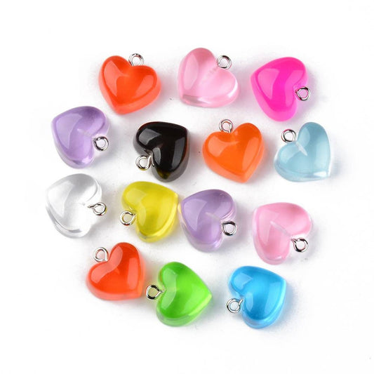 5 x resin heart pendants, translucent, silver tone loop, various colours, approximately 16.5mm x 17mm x 9.5mm, hole approx 1.8mm