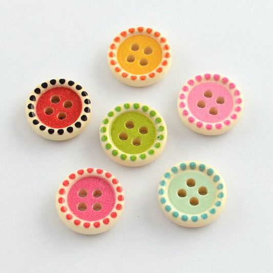 Printed wooden buttons, flat, mixed colours, 15mm x 4mm, holes approx. 2mm