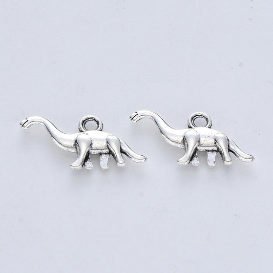 5 x dinosaur pendants, silver tone, approximately 14mm x 27mm x 3.5mm, hole approximately 2mm