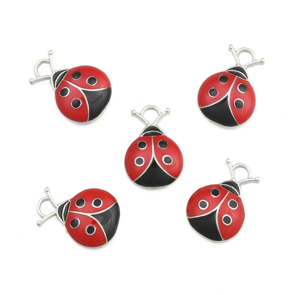5 x ladybird / ladybug metal and enamel pendants, red and black, silver tone back, size approximately 17.5mm x 12.5mm x 4mm, hole 2mm