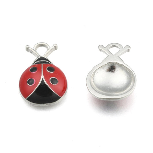 5 x ladybird / ladybug metal and enamel pendants, red and black, silver tone back, size approximately 17.5mm x 12.5mm x 4mm, hole 2mm