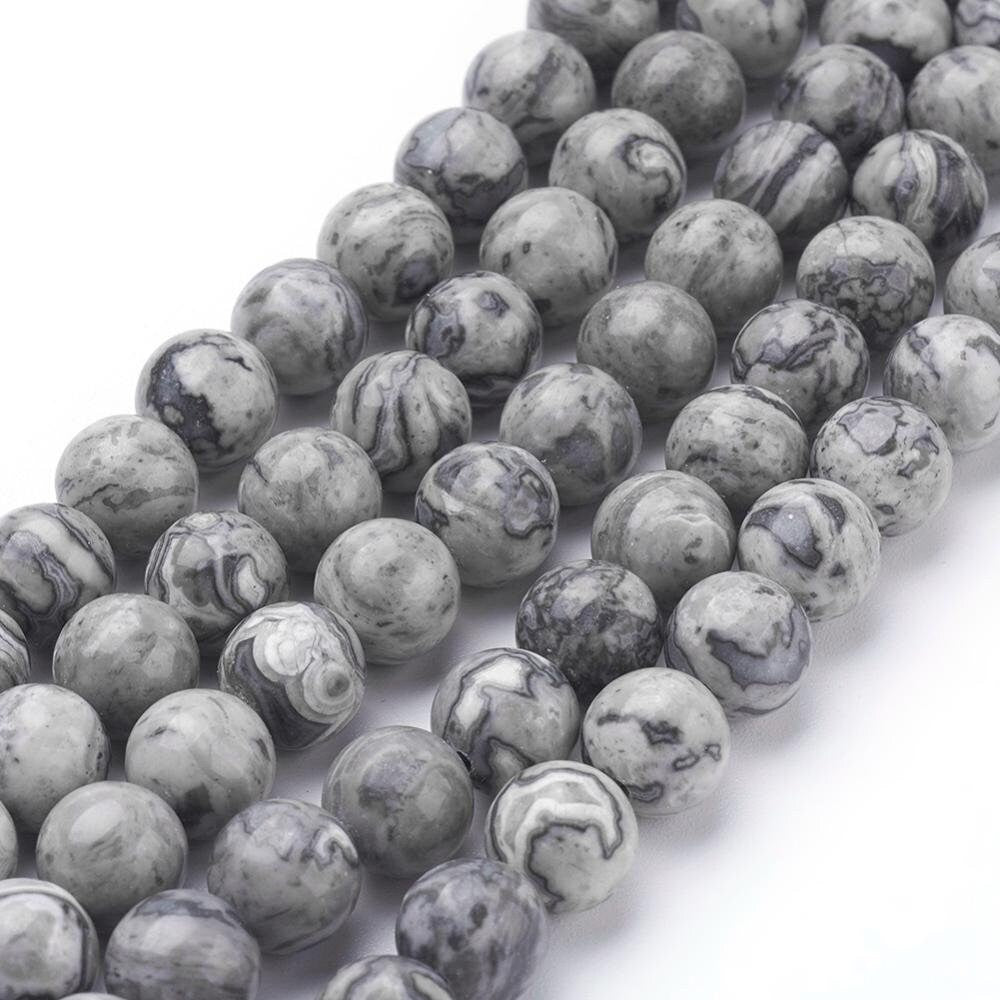 2 sizes 6mm 8mm picasso jasper, map stone, crazy lace jasper, shades of grey, marble effect, round polished beads, 1mm hole, 1 strand