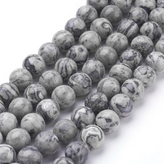 2 sizes 6mm 8mm picasso jasper, map stone, crazy lace jasper, shades of grey, marble effect, round polished beads, 1mm hole, 1 strand