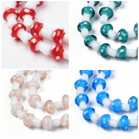 Tiny handmade lampwork mushroom toadstool shaped beads, various colours, drilled, approx 13mm x 10mm