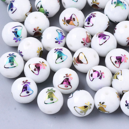Christmas opaque glass beads, round with electroplate bell / stocking pattern, multi-colour plated, 10mm, hole: 1.2mm